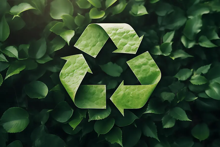 A recycling symbol on a background of green leaves.